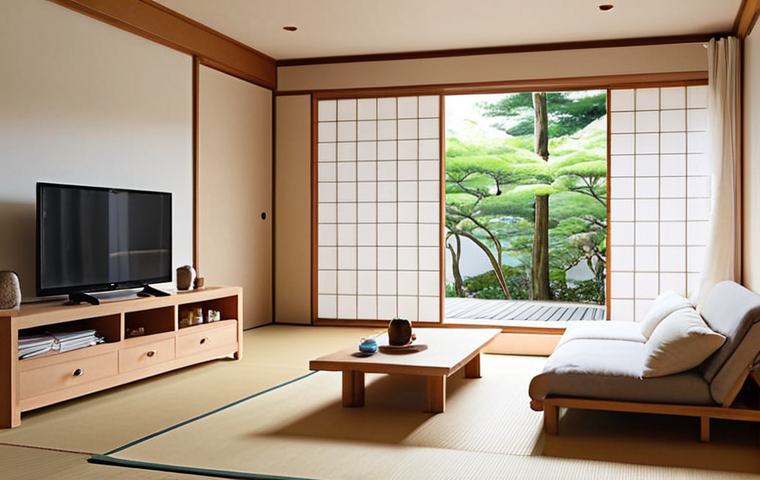 A serene, minimalist Japanese living room, bathed in soft natural light, emphasizing the "luxury of white space" (余白という贅沢). The spacious (広々とした) interior features thoughtfully selected, essential furniture, evoking a sense of deep calm and contentment. The overall atmosphere is incredibly comfortable (心地よい).