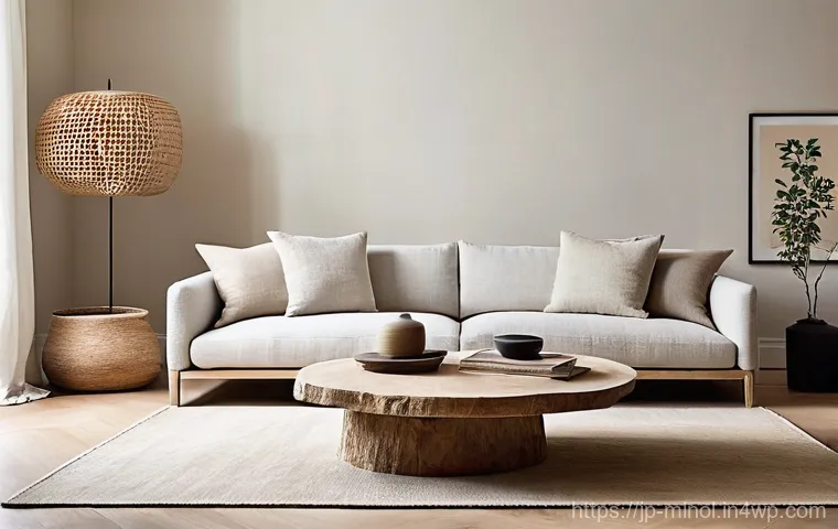 미니멀 인테리어의 차별화된 요소 - **A Serene Minimalist Living Room with Natural Textures and Indirect Lighting:** A beautifully c...