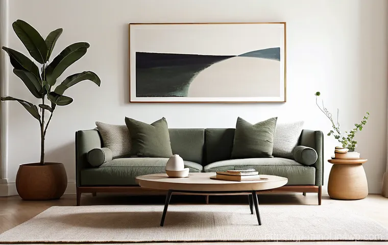 미니멀 인테리어의 고유 디자인 언어 - **Prompt:** A serene and inviting minimalist living room bathed in soft, natural daylight. The domin...