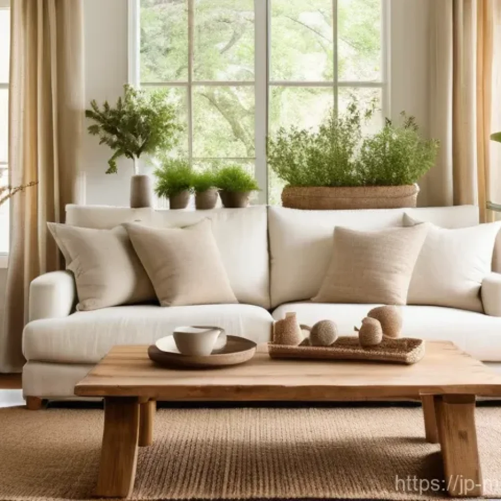 미니멀 인테리어와 세련된 디자인 - A serene and inviting living space designed with natural materials. The room features abundant warm,...