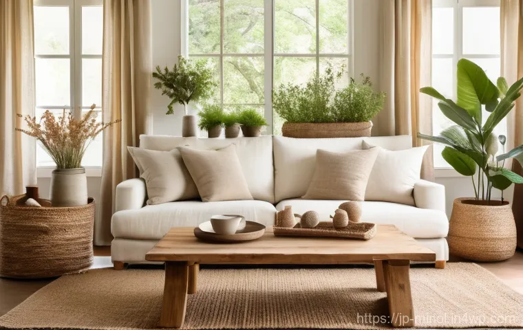 미니멀 인테리어와 세련된 디자인 - A serene and inviting living space designed with natural materials. The room features abundant warm,...