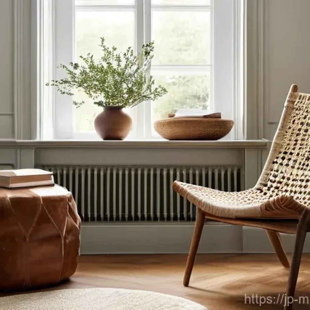미니멀 인테리어의 차별화된 접근법 - **"Curated Comfort: The Vintage Armchair's Story"** A minimalist living room interior, bathed in...