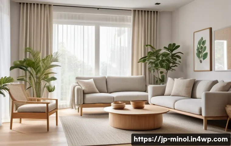 미니멀 인테리어 색상 조합 가이드 - A serene minimalist living room featuring neutral tones of white, beige, and light gray; soft linen ...