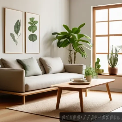 미니멀 인테리어에서의 실내 식물 활용 - A minimalist living room with soft natural light from a south-facing window, featuring a variety of ...
