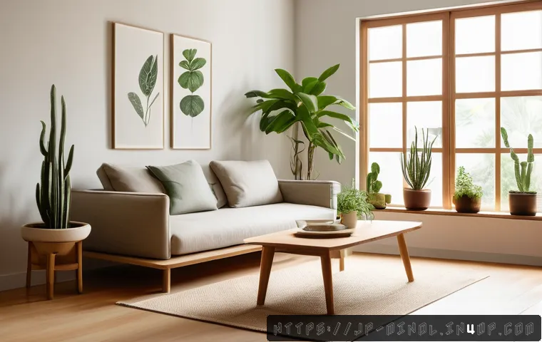 미니멀 인테리어에서의 실내 식물 활용 - A minimalist living room with soft natural light from a south-facing window, featuring a variety of ...