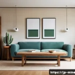 미니멀 인테리어와 스칸디나비아 디자인 - A serene minimalist living room featuring natural materials: solid wood furniture with visible knots...