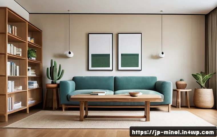 미니멀 인테리어와 스칸디나비아 디자인 - A serene minimalist living room featuring natural materials: solid wood furniture with visible knots...