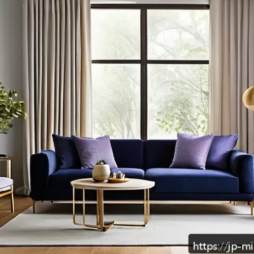 미니멀 인테리어와 포스트 모던 디자인 - A modern, minimalist living room featuring a neutral color palette with gray walls and navy blue acc...
