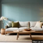미니멀 인테리어와 컬러 차트 활용 - Minimalist living room featuring natural wood furniture with soft pastel blue and beige cushions, ac...
