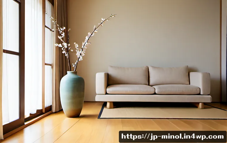 미니멀 인테리어의 디자인 원칙 - Photorealistic minimalist Japanese living room, low-profile cream sofa, pale oak flooring, single sc...